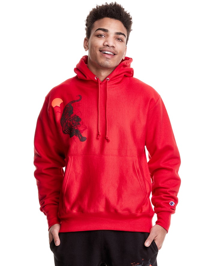 Champion Hoodie Heren - Rood - Reverse Weave Sprawling Tiger ( 456097-KEC )